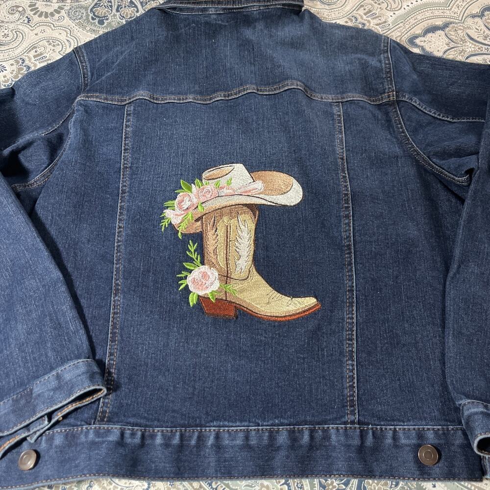 Custom Embroidered Denim Jacket Time & Tru XL Western Beige Cowgirl Cowboy Boot